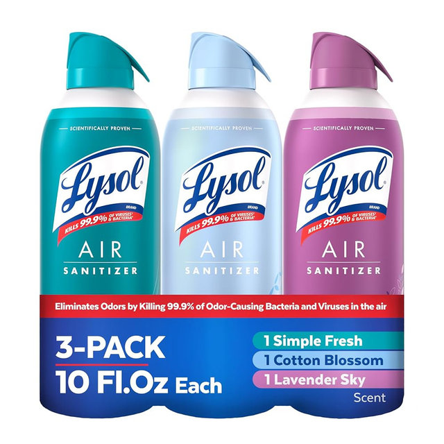 Lysol Air Sanitizer with Bacterial Odor Eliminator for Home & Office, Air Freshener Alternative, Simple Fresh + Cotton Blossom + Lavender Sky, 10 oz (Pack of 3)