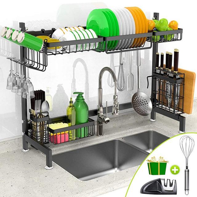 Dish Drying Rack Over The Sink, Inouvve Stainless Steel Dishes Drainer Shelf Kitchen Supplies Storage Organizer with Utensils Holder, Kitchen Space Saver (Black, Sink Size≤33in)