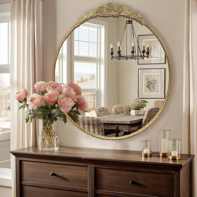 Growsun Round Wall Mirror with Vintage Gold Floral Frame – 24 Inch Decorative Wall Mirror for Living Room, Bedroom, Entryway, Bathroom Vanity – Elegant Antique Accent Home Décor