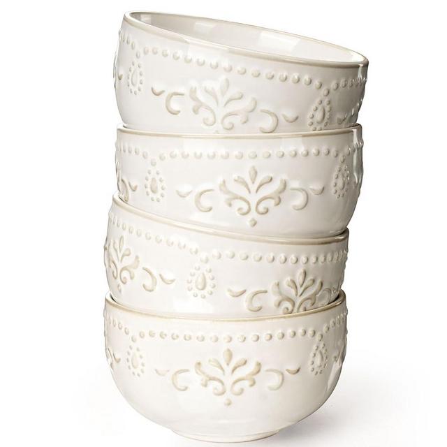 Artena Small Bowls Set of 4, 12 oz Ceramic Embossment Dessert Bowls, white Bowl for Kitchen, Ice Cream, Side Dishes, Rice, Cereal, Fruit, 4.5 Inch, Microwave & Dishwasher Safe, Damask Floral