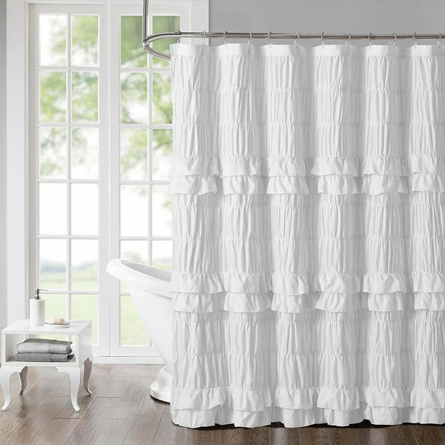 BRHF Ruffle Fabric Shower Curtain - Handmade Pleated Decorative Cloth Curtain with Layered Design, Soft Polyester Bathroom Decor, White, 72x72 Inch