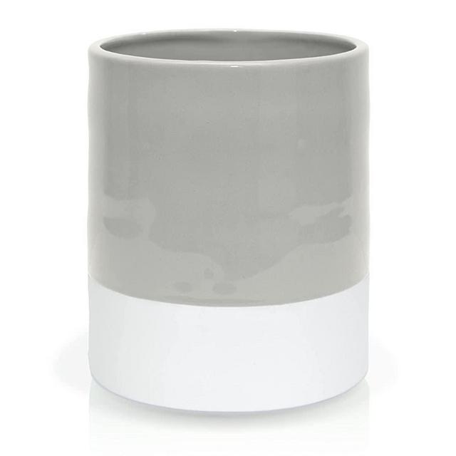 Ceramic utensil holder for countertop - large organizer crock caddy for kitchen - modern or rustic farmhouse decor - gray & natural white - by Gourmet Goose