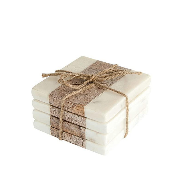 Creative Co-Op Square Marble Coasters with Jute String (Set of 4 Pieces) Glasses and Bar Tools, Brown, 4 Count