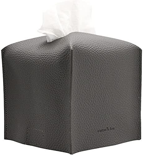 Tissue Box Cover Holder, Square with Bottom Belt by Carrot's Den - PU Leather Decorative Organizer for Tabletop, Bathroom, Car, Office | Charcoal