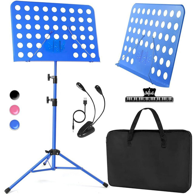 lotmusic Blue Music Stand, Portable Music Sheet Stand, Foldable and Height-Adjustable Music Stand with Bag, Sheet Music Clip, Light, Suitable for Playing Musical Instruments and Traveling Out