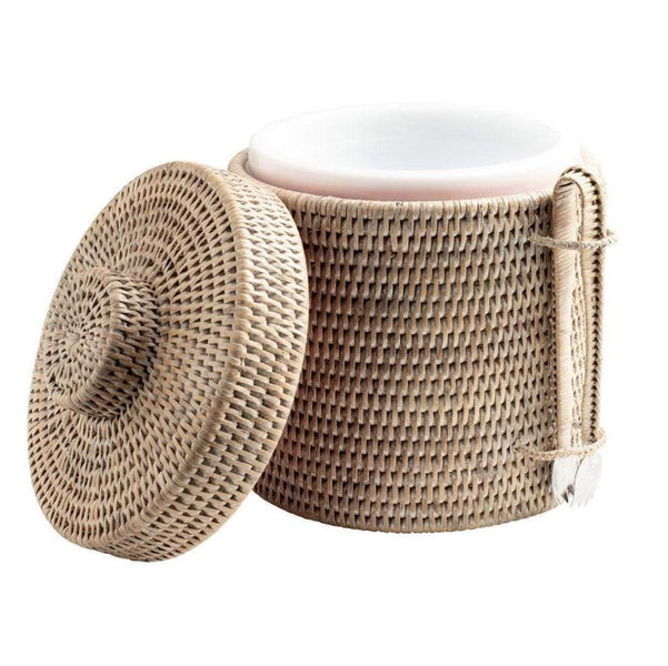 Rattan Ice Bucket with Tongs in White Natural - 1 Each