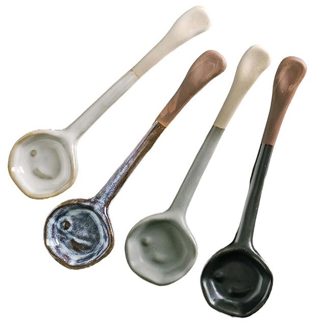 Coffee Scoop Set of 4 Vintage Ceramic Spoons 6 Inch Long Handle Rustic Coffee Scoops Reusable Tea Scoop Decorative Kitchen Utensils for Home Cafe Sugar Tea Powder Measuring