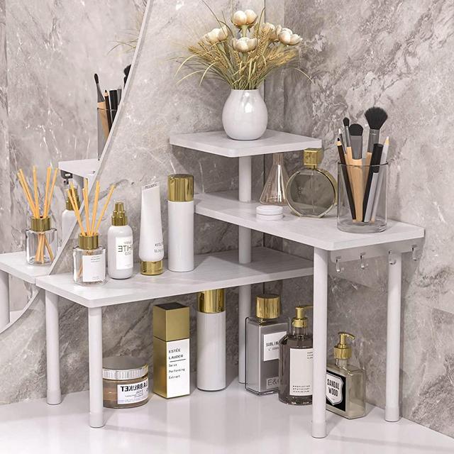 JayRex Bathroom Organizer Countertop Corner Shelf, 3 Tier Shelf Moveable Shelf Organizer for Make Up, Dresser Table, Bathroom countertop, Desktop Shelf (White)
