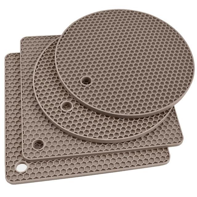 Silicone Trivets for Hot Dishes, 4 PCS Multipurpose Heat Resistant Mat Thick Silicone Hot Pads Pot Holders for Kitchen Counter, Flexible Jar Opener Food Grade Spoon Holder, Silicone Coasters (Almond)