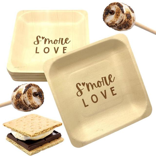 FireStix S'more Love Birch Wood Plates 25 Count - Eco-Friendly 100% Compostable 5" x 5" Plates - Perfect For S;mores, Parties, Wedding Events (5.5" x 5.5" Appetizer Plate) 25 Count (FSSL25CT)