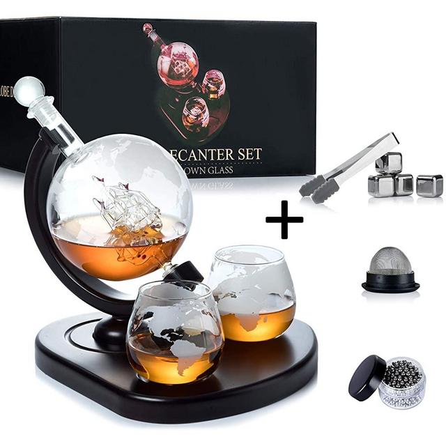 WEEBNG Whiskey Decanter Set,Globe Wine Decanter Set with 2 Glasses,Cleaning Beads,4 Stainless Steel Ice Cubes and Ice Tong,Beverage Drink Liquor Dispenser - Gift Set for Liquor, Scotch,Bourb