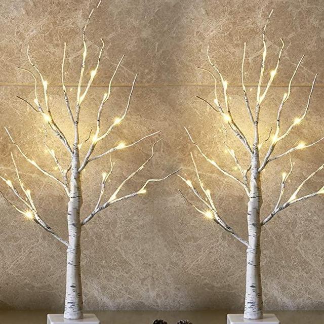 Set of 2- EAMBRITE 2FT 24LT Warm White LED Birch Tree Light Tabletop Bonsai Tree Light Jewelry Holder Decor for Home Party Wedding Holiday