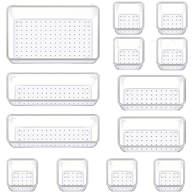 Manalete Drawer Organizers Set of 13, 4 Sizes Clear Plastic Drawer Organizers and Storage Bins for Kitchen, Bathroom, Office, Dresser Desk Drawer Organizer Tray for Jewelry, Makeup, Junk, Gadgets