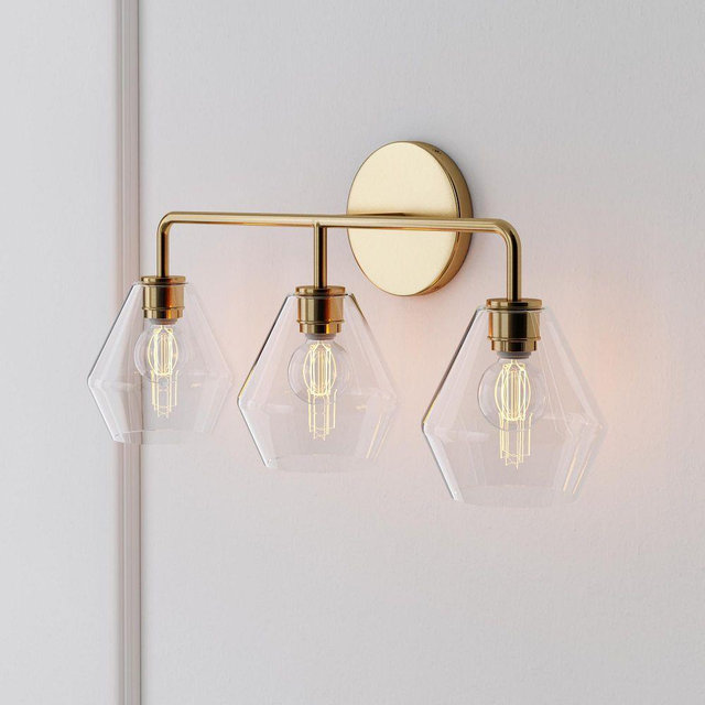 Sculptural 3-Light Sconce, Geo Mini, Clear, Antique Brass, 6"