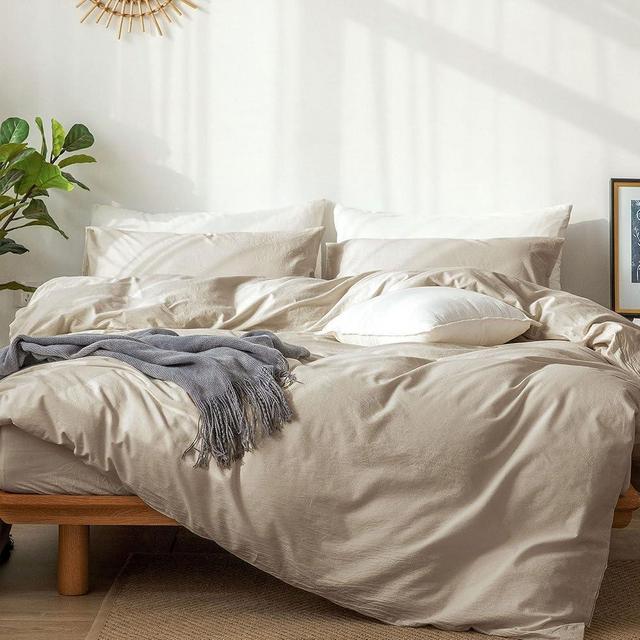 MooMee Bedding Duvet Cover Set 100% Washed Cotton Linen Like Textured Breathable Durable Soft Comfy (Almond Milk Grey, King)