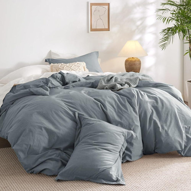 Bedsure 100% Washed Cotton Duvet Cover Queen - Grey Blue Minimalist Cotton Duvet Cover Set Linen Like - 3 Pieces Plain Simple Cotton Duvet Cover Set with 2 Pillow Shams (Grayish Blue, Queen, 90"x90")
