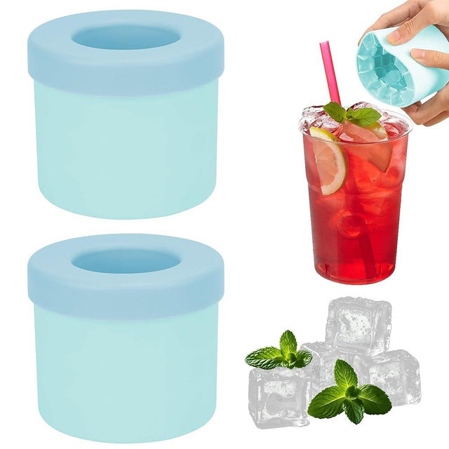 2 Pack Cylinder Silicone Ice Cube Molds, Easy-Release Ice Cube Trays for Cocktails, Whiskey, Coffee, Drinks, Portable Ice Bucket Maker Cup with Squeeze Design, 40 Pcs Ice Cubes Capacity (Blue)