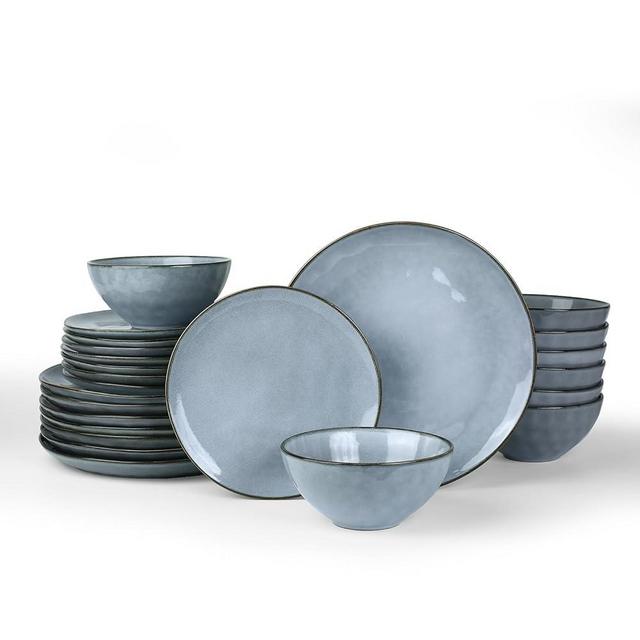 Famiware Dinnerware Sets for 8, Ocean Round 24-Piece Kitchen Plates and Bowls Sets, Reactive Glaze, Microwave and Dishwasher Safe, Scratch Resistant, Blue