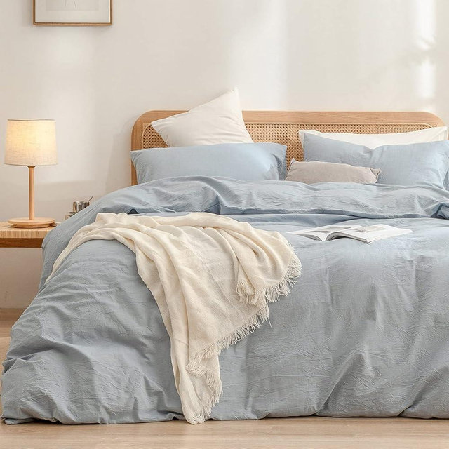 BESTOUCH Duvet Cover Set 100% Washed Cotton Linen Feel Super Soft Comfortable Chic Lightweight 3 PCs Home Bedding Set Solid Cornflower Blue Super King