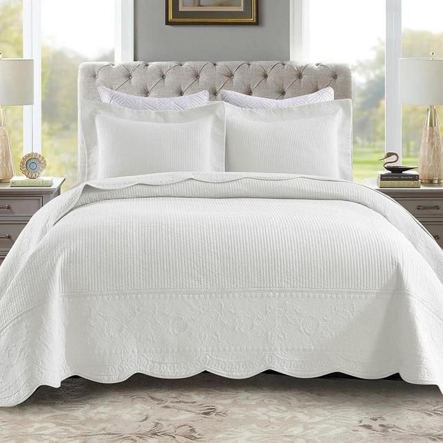 MarCielo 100% Cotton Quilt Set - 3-Piece Embroidered Farmhouse Bedspread & Shams, All-Season Breathable Bedding(TG Bright White,King)