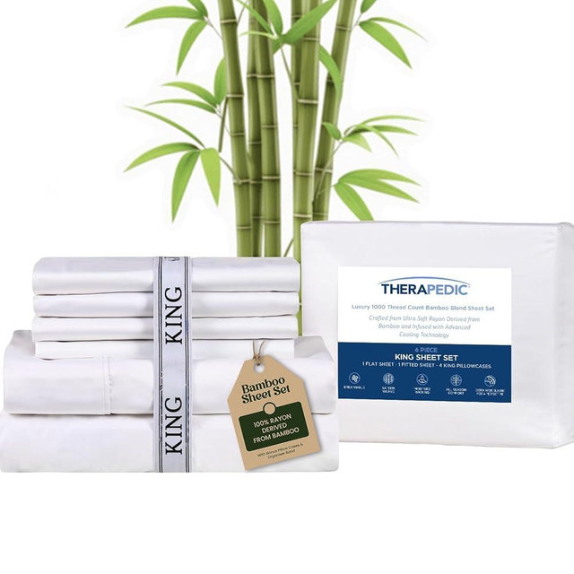 Therapedic 100% Organic Rayon Derived from Bamboo King Sheet Set | 1000TC 6-Piece Cooling Sheets Set, 16” Deep Pocket Fitted Sheet, 4 Pillowcases - White