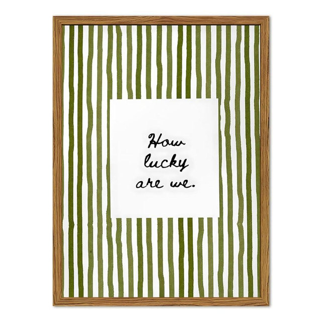 Framed How Lucky Are We Wall Art, Green Striped Pictures Wall Decor, Trendy Inspirational Quote Paintings Canvas Prints Preppy Home Decor for Living Room Bedroom Office Dorm 12x16 inch
