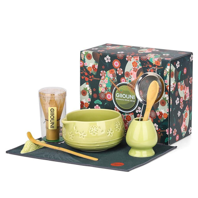 Giiouni Matcha Whisk Set, Ceramic Bowl with Spout, Bamboo Matcha Whisk & Spoon, Chasen Holder, Scoop Rest, Sifter, 8-Pcs Japanese Matcha Powder Kit–Gift for Ceremony & Matcha Lovers-Matcha Green