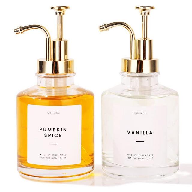 MoliMoli Coffee Syrup Dispenser for Coffee Bar, Coffee Pump Dispenser, Glass Syrup Bottle w. Pump, Maple/Coffee Syrup Bottles, Simple Syrup Dispenser w. Labels, 11.8 oz 350 ml, Set of 2, Gold