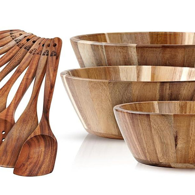 Wooden Spoons for Cooking 10 Pcs, Wooden Salad Bowls 3 Pcs - Utensil Set for Nonstick Pans & Cookware, Durable and Stylish Dining Accessory