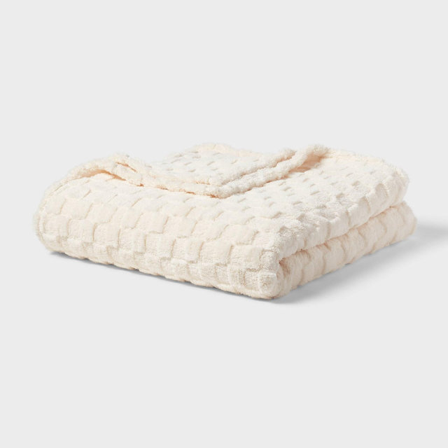 Full/Queen Checkered Faux Shearling Plush Blanket Ivory - Room Essentials™