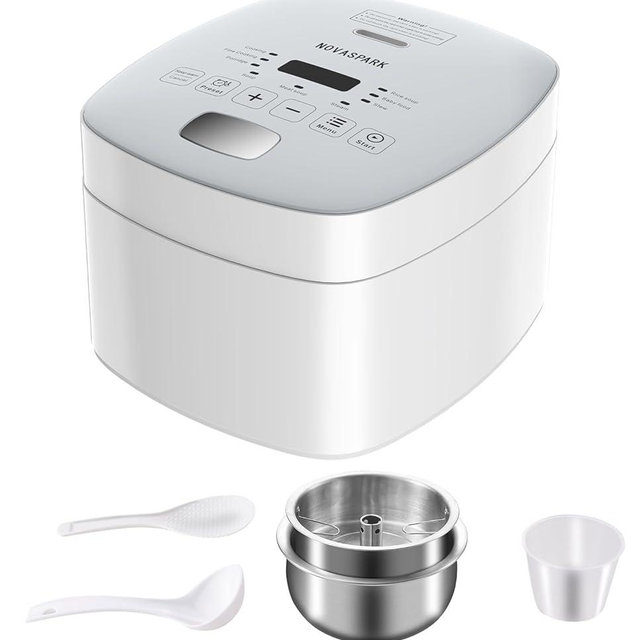 Novaspark Low Carb Rice Cooker Stainless Steel Inner Pot, Low Sugar Rice Cooker Small 5 Cup, LED Display Rice Robot, 24-Hr Timer and Auto Keep Warm, White Rice/Porridge/Oatmeal/Soup/Steam, White