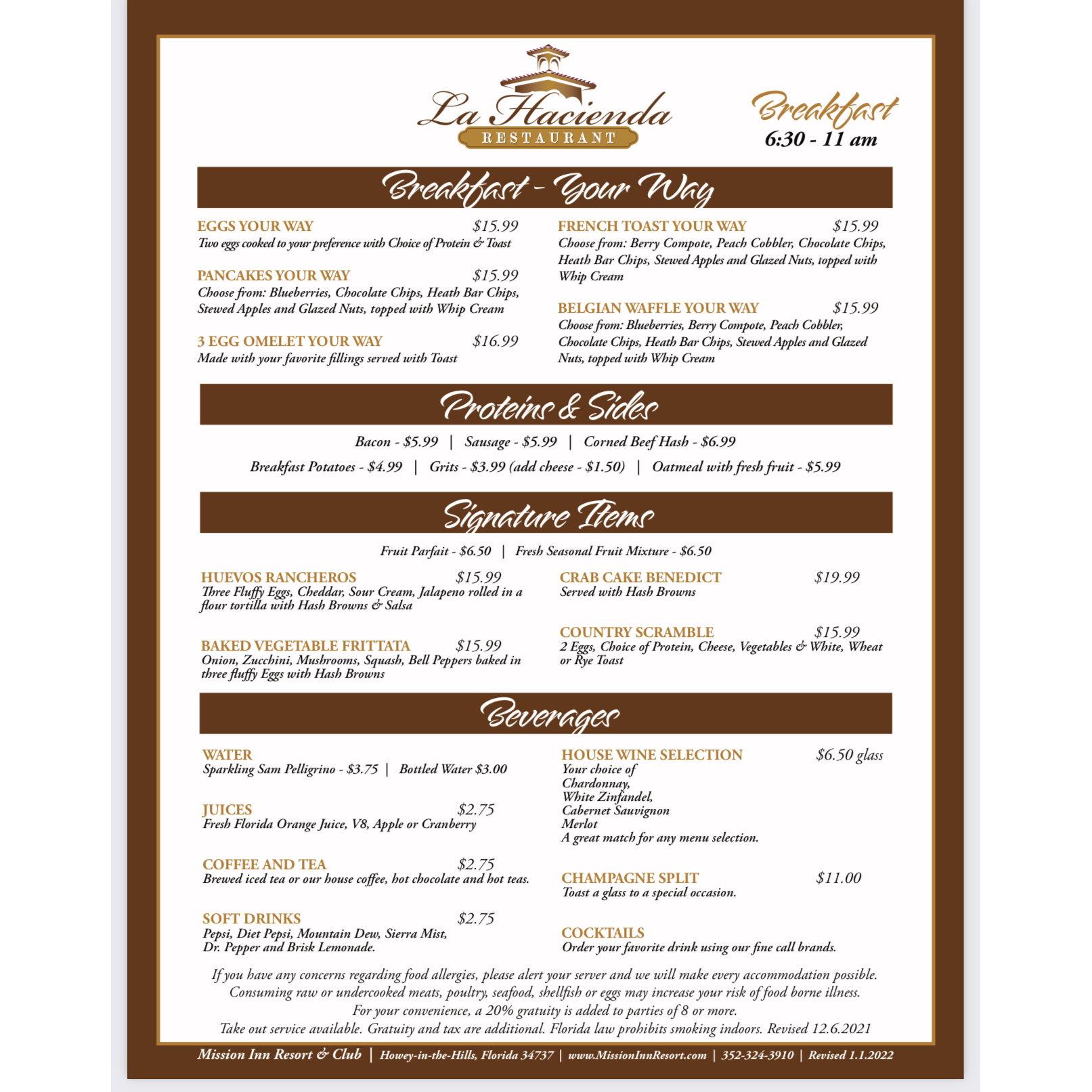 La Hacienda breakfast menu