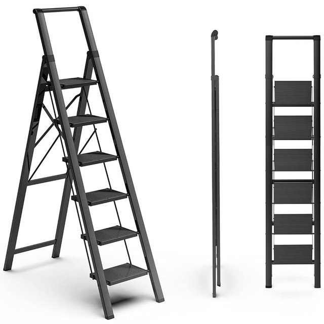 SOLADDER 6 Step Ladder for 12 Feet High Ceiling, Folding Step Stool with Handgrip & Anti-Slip Wide Pedal, Portable Lightweight Aluminum Stepladder for Kitchen, Home (300 lbs Capacity) - Black
