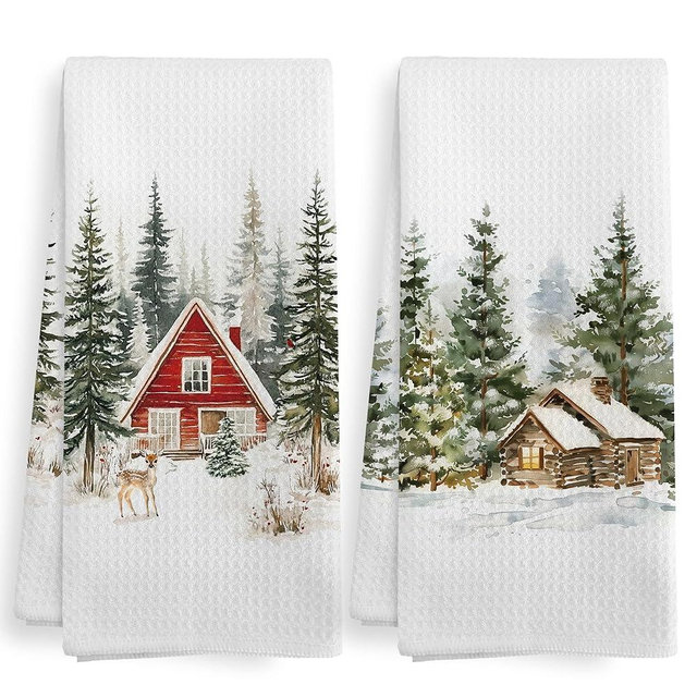 XNXLDYLH Vintage Winter Christmas Cabin Kitchen Towels and Dishcloths Sets of 2, Cabin Gifts, Christmas Rustic Cabin Deer Decor Dish Hand Tea Towels for Bathroom Kitchen Farmhouse,16x24 Inch