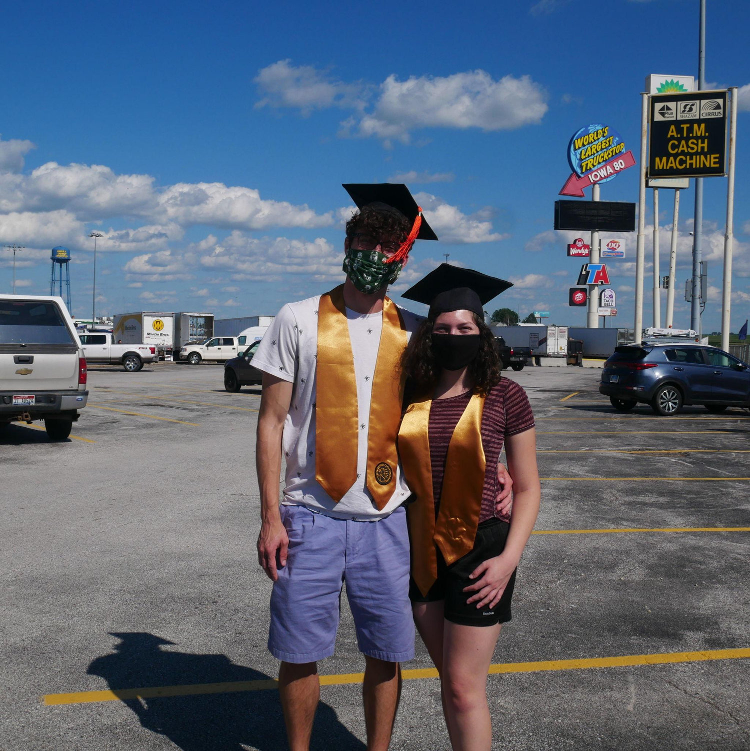 When your last semester of college doesn't happen because of Covid, you take grad pics at the World's Largest Truck Stop. Driving Ilana home to California post graduation in Summer 2020.
