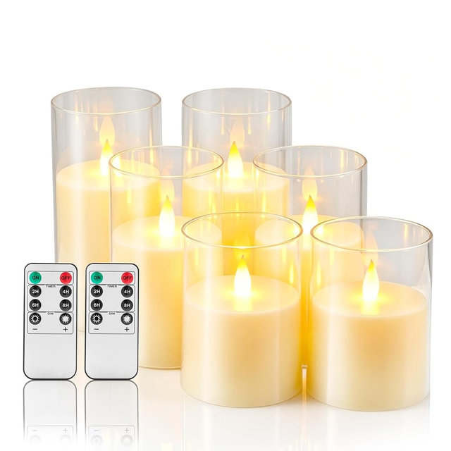TEJCOPW Flameless Candles with Remote, Set of 6 LED Pillar Candles (3" D x 4" 5" 6" H), Realistic Climbing Flame Battery Powered Candles for Home Wedding Christmas (Clear Shell Ivory)