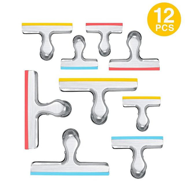 12 Pack 3 Sizes Chip Bag Clips Covered with Silicone - NO More Sharp Edges - Air Tight Seal Bag Clips, Bright Silver, 5 Inches, 3 Inches and 2.5 Inches