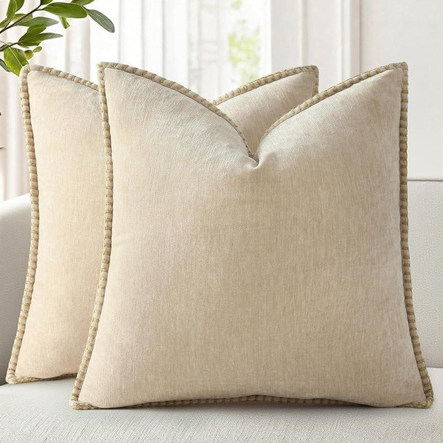 decorUhome Spring Chenille Soft Throw Pillow Covers 22x22 Set of 2, Farmhouse Velvet Neutral Decorative Euro Sham Pillow Covers with Stitched Edge for Couch Sofa Bed Home Decor, Beige
