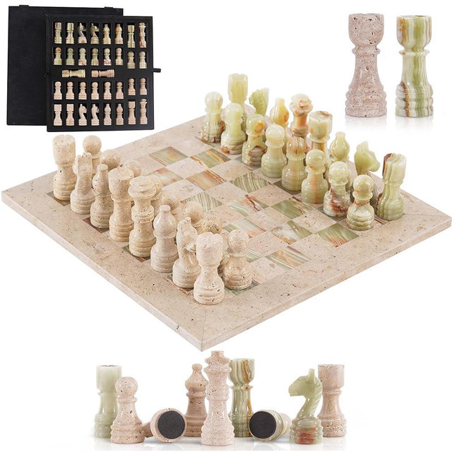 SPESHSTONES Marble Chess Set for Adults 12 Inch Handmade Travertine and Green Board Game with Storage Box, Classic Table Chess Set with Pieces & 2 Extra Queens, Gifts & Home Décor
