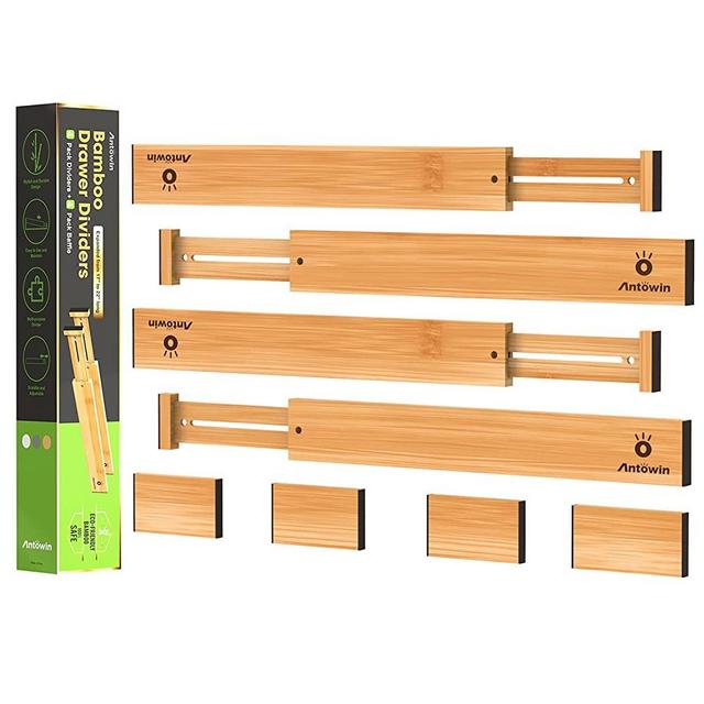 ANTOWIN Bamboo Drawer Dividers Organizers, Drawer Separators Splitter,17-22 inches Long Adjustable Spring-loaded Organizer for Large Utensil, Clothes, Tools Drawers, 4 Pack Dividers + 4 Pack Baffle