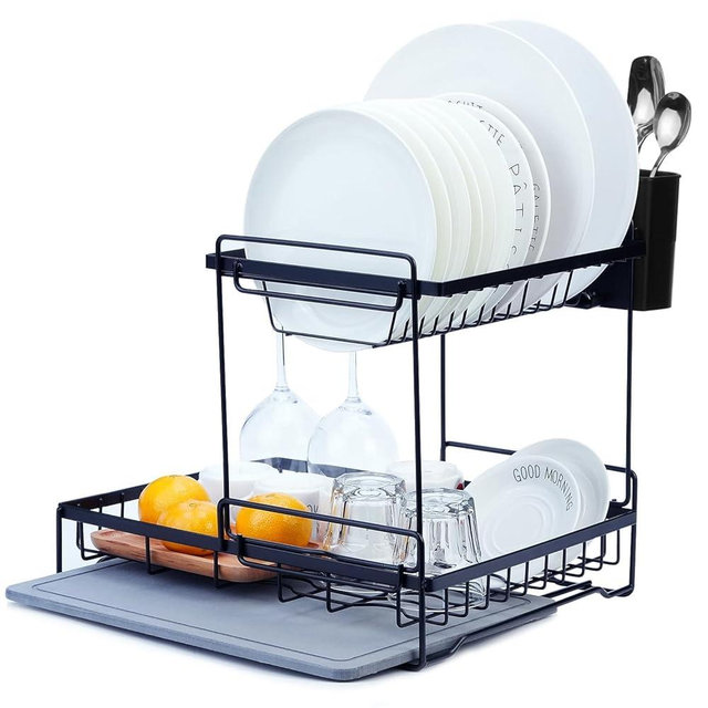 VABNEER Dish Drying Rack, 2 Tier Dish Racks for Kitchen Counter, Super Absorbent Quick Drying Dish Drainer with Diatomaceous Earth Tray