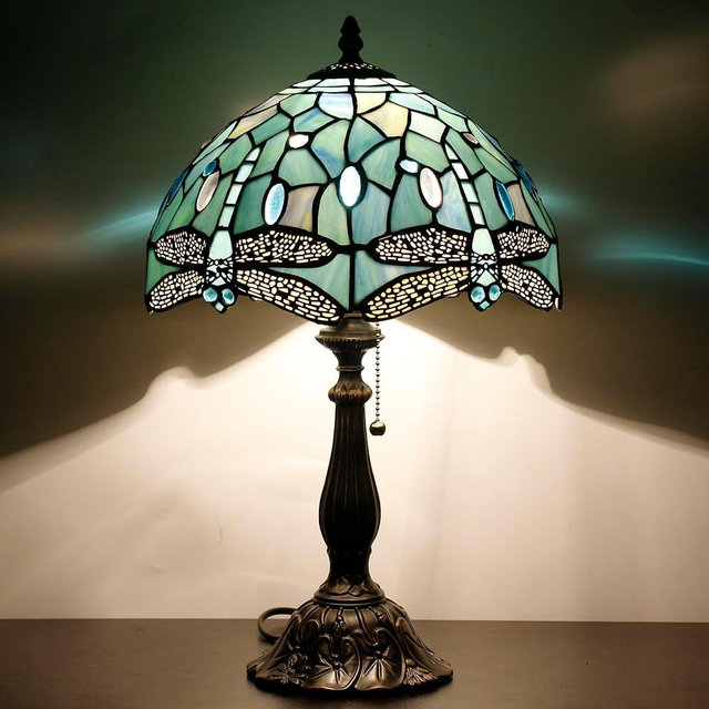ZJART Tiffany Table Lamp Stained Glass Lamp 12X12X19 Inch Antique Reading Light (Sea Blue Dragonfly Style)