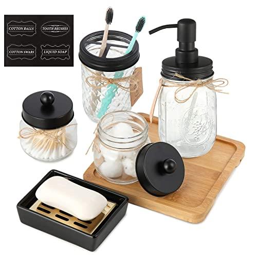 Genenic Mason Jar Bathroom Accessories Set(6 Pcs) -Lotion Soap Dispenser&Cotton Swab Holder Set&Toothbrush Holder&Soap Dish&Bamboo Pallet-Rustic Farmhouse Decor Vanity Organizer (Black)