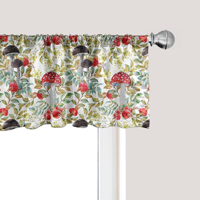 Ambesonne Watercolor Window Valance, Hand Drawn Dogrose and Mushrooms Autumn Leaves Berries Amantias Nature Inspired, Rod Pocket Curtain Valances for Kitchen Bedroom, 54" X 12", Red Green