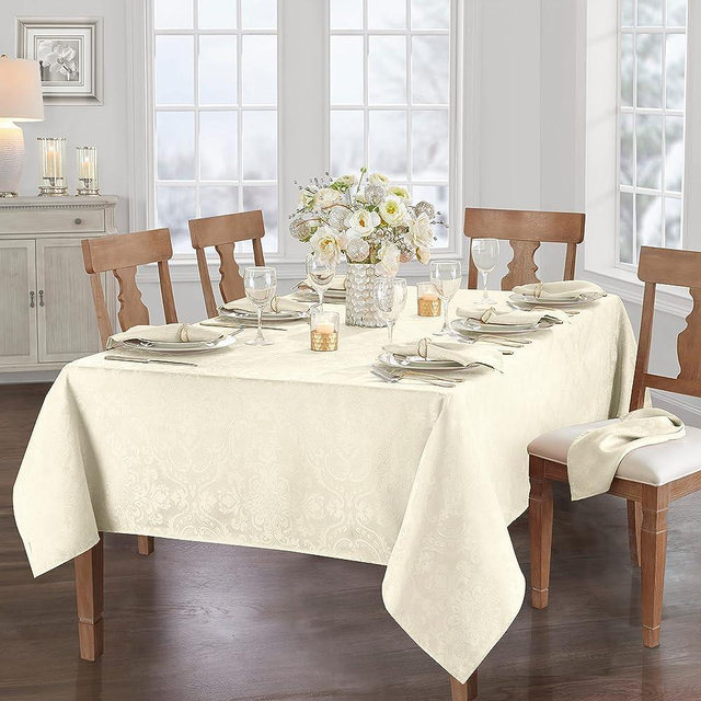Elrene Home Fashions Caiden Elegance Damask Fabric Tablecloth, 60" x 144" Oblong/Rectangle, Ivory