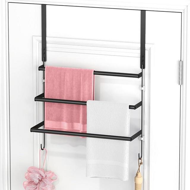 Over The Door Towel Rack, 24 Inch Towel Rack with Hooks for Door Hanging, Door Towel Bar, Over Door Towel Racks for Bathroom (Black)