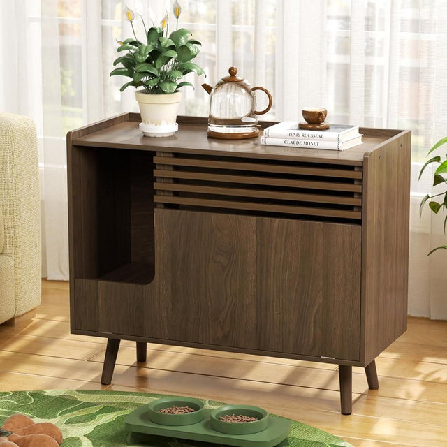 Halitaa Mid-Century Modern Hidden Litter Box Furniture with Cat Scratch Pad, Flip-Down Opening Litter Box Cabinet Cat Washroom End Table, Brown