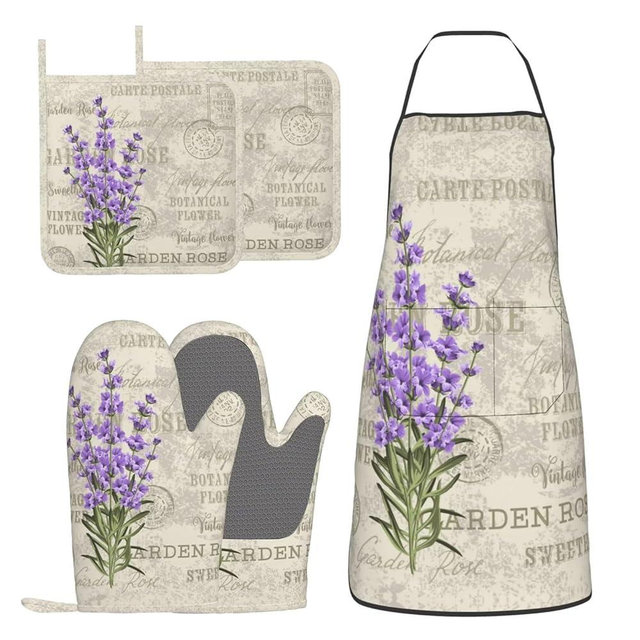 BOKEKANG Lavender Flowers Elegant Postcard Vintage Oven Mitts and Pot Holders with Apron Set of 5 Silicone Kitchen Mitten and Non-Slip Potholders Apron Set Heat Resistant Oven Gloves Hot Pads Set