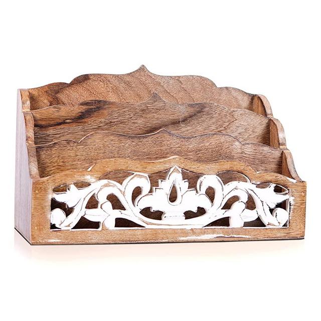 Wooden Desktop Letter Tray - Decorative Desk Organizer - Ellora in Distressed Ivory over Medium Polish Letter Holder - 3 Section Wood Organizer for Office Desk, Kitchen Countertop, Study Table