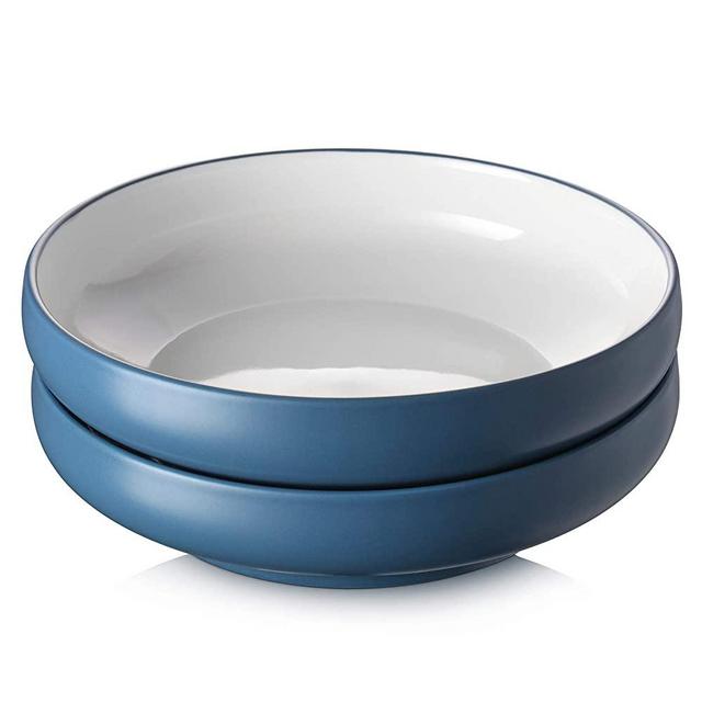 DOWAN 10" Shallow Serving Bowls, 60 oz Large Serving Bowls and Platters, Serving Plate for Salad Pasta Soup Fruit, Porcelain Serving Dishes for Dinner Party, Sturdy for Long Use, Set of 2, Haza Blue